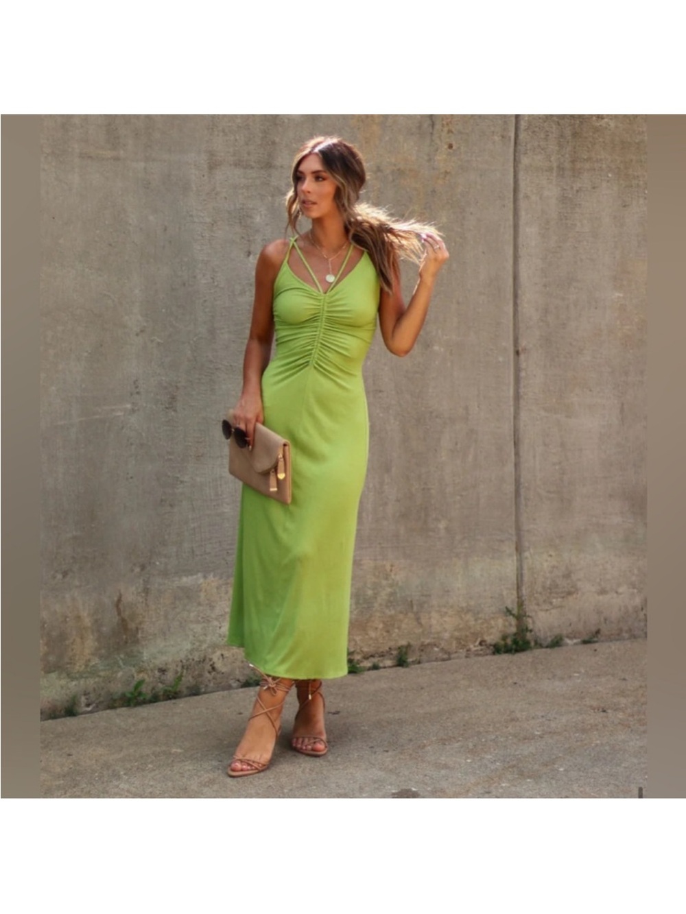 Vici Lime Green Ruched Slip Maxi Dress